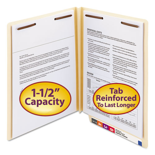 End Tab W-Fold Fastener Folders with Reinforced Tabs, 1.5" Expansion, 2 Fasteners, Letter Size, Manila, 50/Box