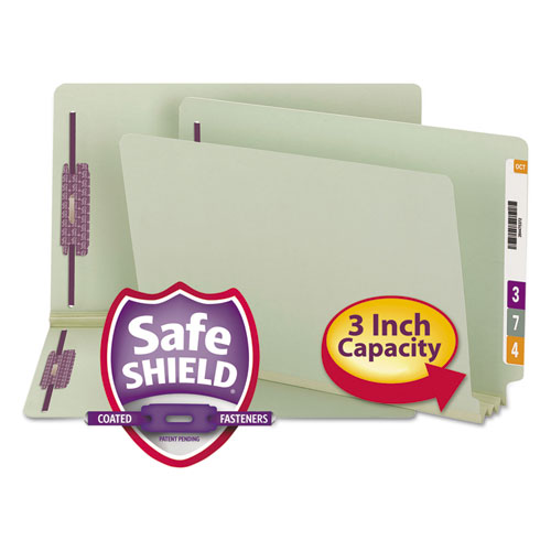 End Tab Pressboard Classification Folders, Two SafeSHIELD Coated Fasteners, 3" Expansion, Legal Size, Gray-Green, 25/Box
