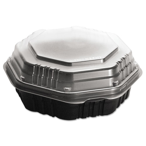 SOLO® OctaView Hinged-Lid Hot Food Containers, 31 oz, 9.55 x 9.1 x 3, Black/Clear, Plastic, 100/Carton