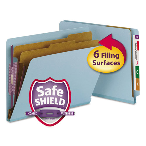 END TAB COLORED PRESSBOARD CLASSIFICATION FOLDERS WITH SAFESHIELD COATED FASTENERS, 2 DIVIDERS, LETTER SIZE, BLUE, 10/BOX