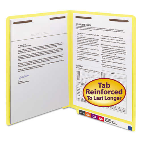 HEAVYWEIGHT COLORED END TAB FOLDERS WITH TWO FASTENERS, STRAIGHT TAB, LETTER SIZE, YELLOW, 50/BOX