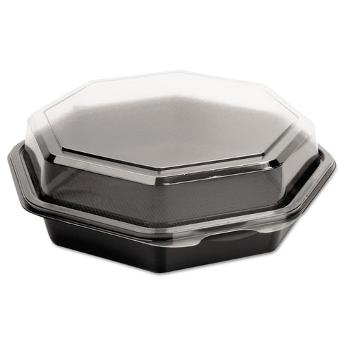 Solo® Octaview Hinged-Lid Cold Food Containers, 28 Oz, 7.94 X 7.5 X 3.2, Black/Clear, Plastic, 100/Carton