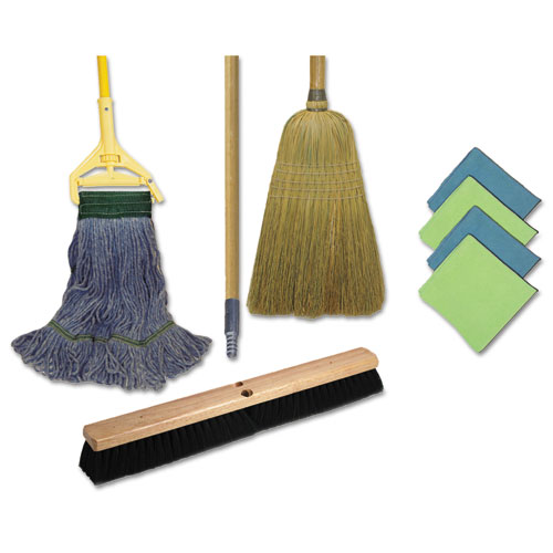 Boardwalk® Cleaning Kit, Medium Blue Cotton/Rayon/Synthetic Head, 60" Natural/Yellow Wood/Metal Handle