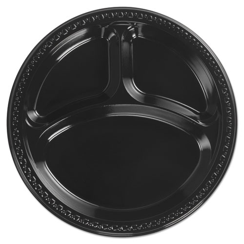 Heavyweight Plastic Plates, 10 1/4 Inch, 3-Comp, Black, Round, 125/pk, 4 Pk/ct