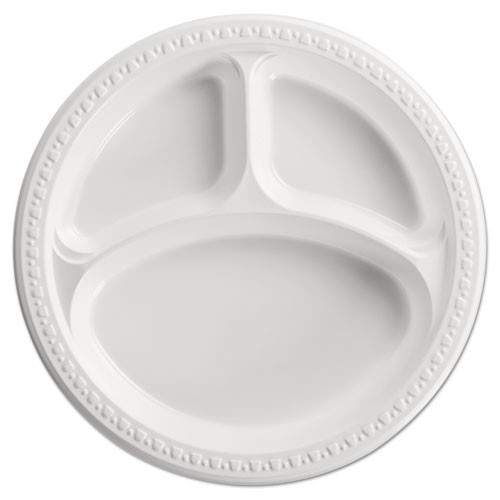 Chinet® Heavyweight Plastic 3-Compartment Plates, 10.25" Dia, White, 125/Pack, 4 Packs/Carton