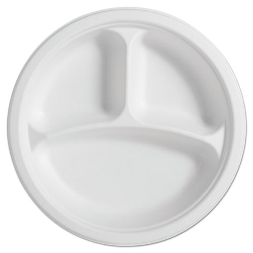 Chinet® Paperpro Naturals Fiber Round Plates, 3-Compartment, 10.25" Dia, Natural, 125/Pack, 4 Packs/Carton