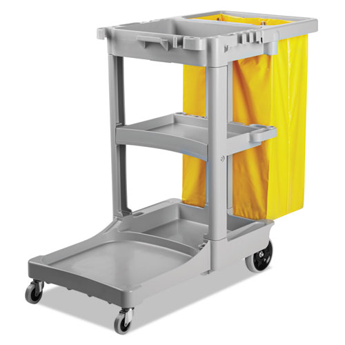 Image of Janitor's Cart, Plastic, 4 Shelves, 1 Bin, 22" x 44" x 38", Gray