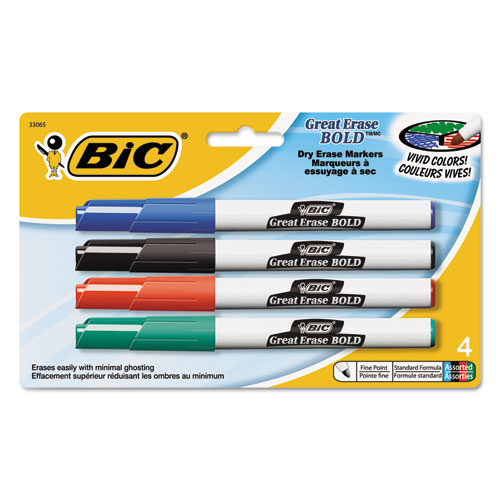 BIC® Great Erase Bold Pocket-Style Dry Erase Markers, Fine Tip, Assorted, 4/Pack