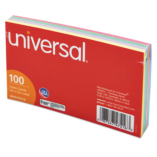 Image of Universal® Index Cards, Ruled, 3 X 5, Assorted, 100/Pack