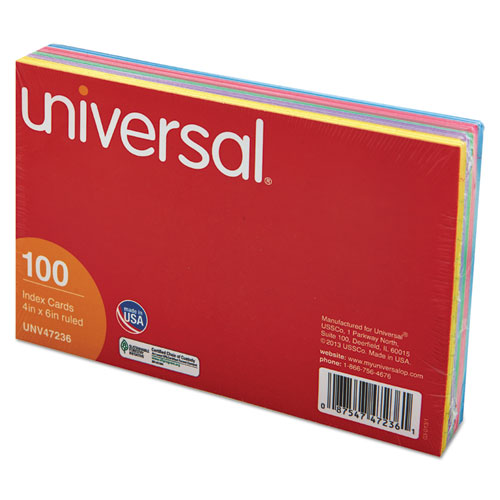 Image of Universal® Index Cards, Ruled, 4 X 6, Assorted, 100/Pack
