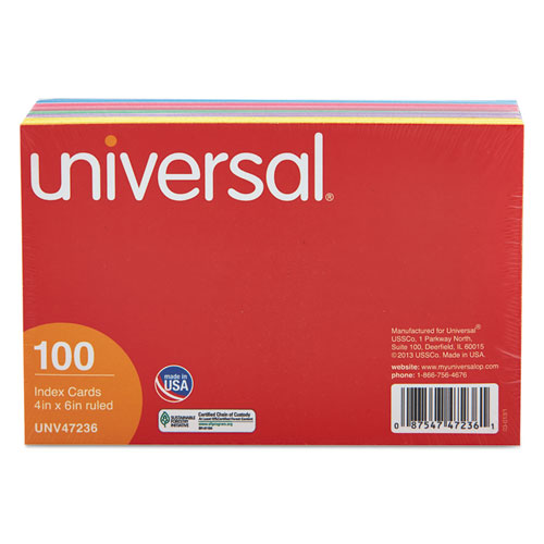 Universal® Index Cards, 4 x 6, Blue/Salmon/Green/Cherry/Canary, 100/Pack