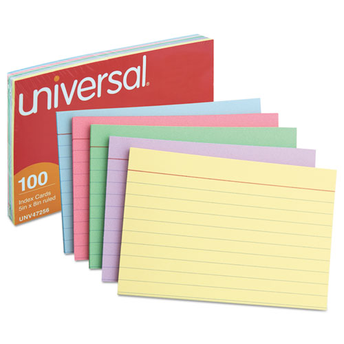 Index Cards, 5 x 8, Blue/Salmon/Green/Cherry/Canary, 100/Pack