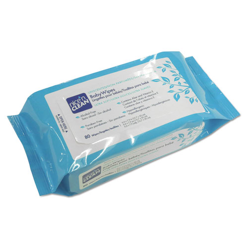 Image of Nice 'n Clean Baby Wipes, 6.6 x 7.9, Unscented, White, 80/Pack, 12 Packs/Carton