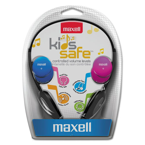 Image of Kids Safe Headphones, 4 ft Cord, Black with Interchangeable Pink/Blue/Silver Caps