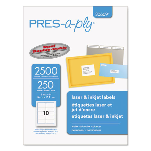 Image of Labels, Laser Printers, 2 x 4, White, 10/Sheet, 250 Sheets/Box