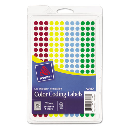 Handwrite-Only Self-Adhesive "See Through" Removable Round Color Dots, 0.25" dia., Assorted, 216/Sheet, 4 Sheets/Pack, (5796)