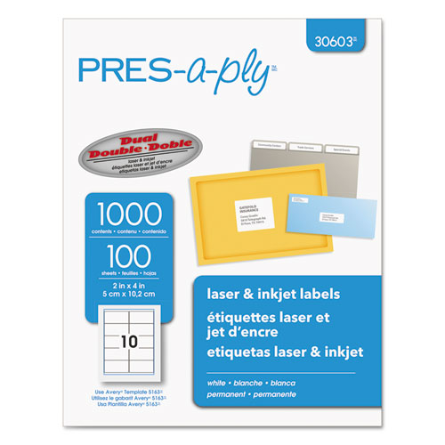 Image of Labels, Laser Printers, 2 x 4, White, 10/Sheet, 100 Sheets/Box