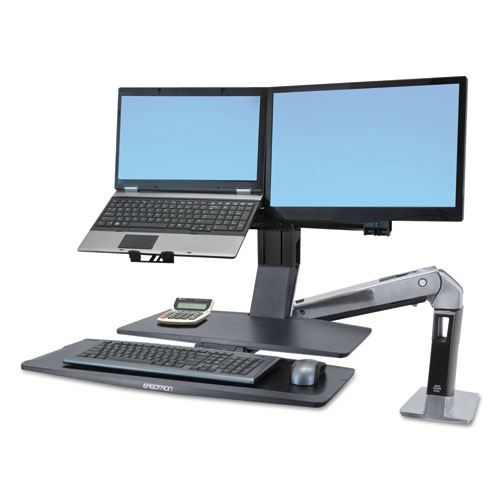 WORKFIT-A SIT-STAND WORKSTATION WITH WORKSURFACE+,DUAL LCD MONITORS, ALUMINUM/BLACK