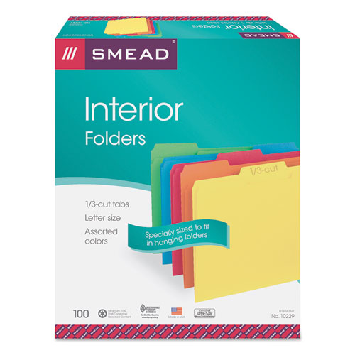 Image of Interior File Folders, 1/3-Cut Tabs: Assorted, Letter Size, 0.75" Expansion, Assorted Colors, 100/Box