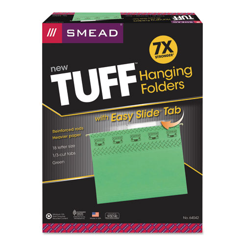 TUFF Hanging Folders with Easy Slide Tab, Letter Size, 1/3-Cut Tab, Green, 18/Box