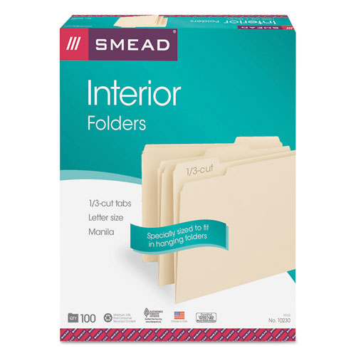 Image of Smead™ Interior File Folders, 1/3-Cut Tabs: Assorted, Letter Size, 0.75" Expansion, Manila, 100/Box