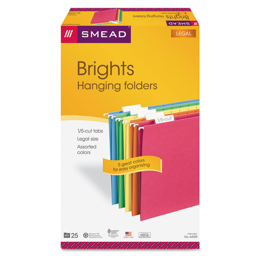 Colored Hanging File Folders, Legal Size, 1/5-Cut Tab, Assorted, 25/Box