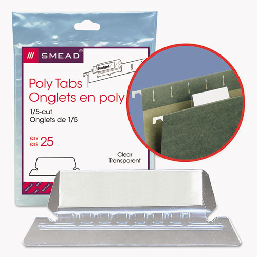 Poly Index Tabs and Inserts For Hanging File Folders, 1/5-Cut Tabs, White/Clear, 2.25" Wide, 25/Pack