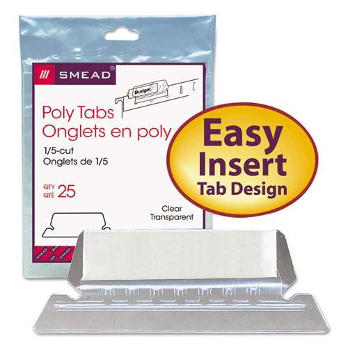 Image of Smead™ Poly Index Tabs And Inserts For Hanging File Folders, 1/5-Cut, White/Clear, 2.25" Wide, 25/Pack