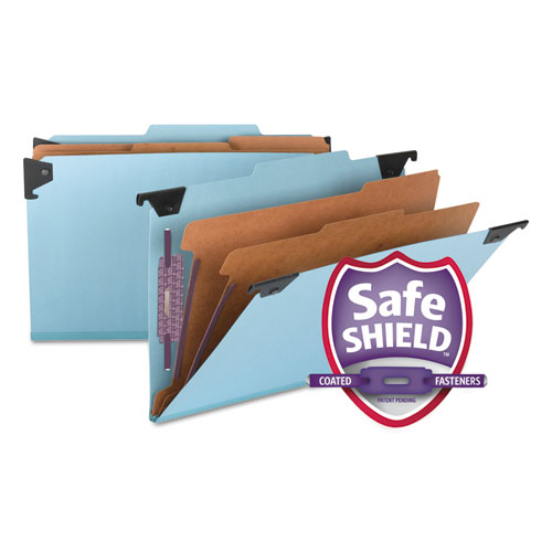 Hanging Pressboard Classification Folders with SafeSHIELDCoated Fasteners, Legal Size, 2 Dividers, Blue | by Plexsupply