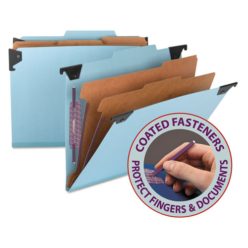 Hanging Pressboard Classification Folders with SafeSHIELDCoated Fasteners, Letter Size, 2 Dividers, Blue | by Plexsupply