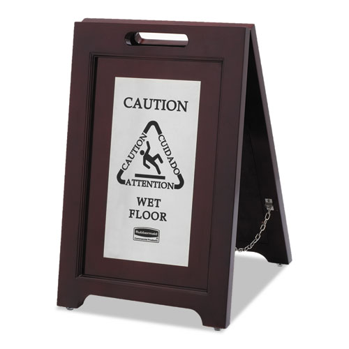Executive 2-Sided Multi-Lingual Caution Sign, Brown/stainless Steel,15 X 23 1/2