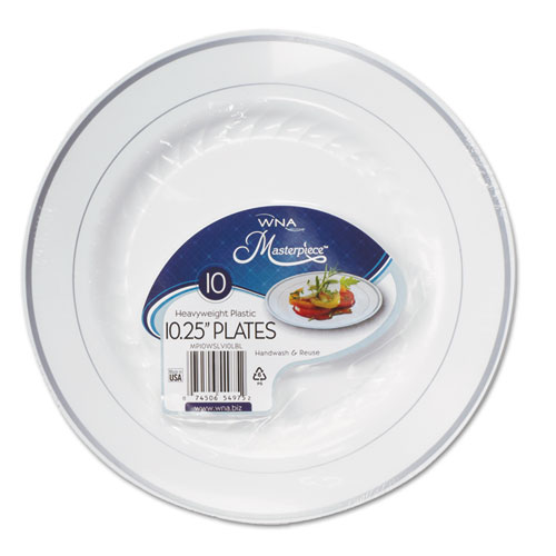Masterpiece plastic dinnerware, white/silver, 10 1/4", 10/pack, sold as 1 package