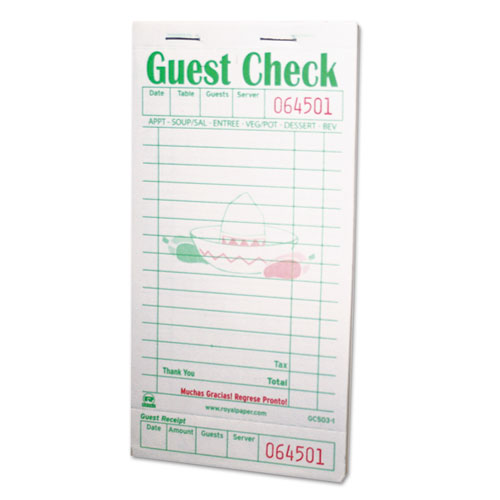Guest Check Book, 3 1/2 X 6 7/10, Green/white, 50/book, 50 Books/carton