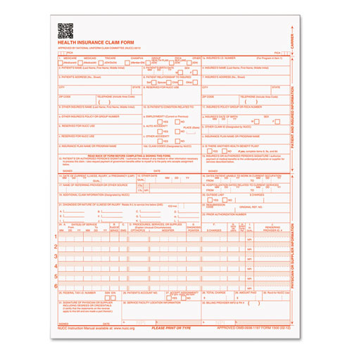 CENTERS FOR MEDICARE AND MEDICAID SERVICES CLAIM FORMS, CMS1500/HCFA1500, 8 1/2 X 11, 500 FORMS/PACK