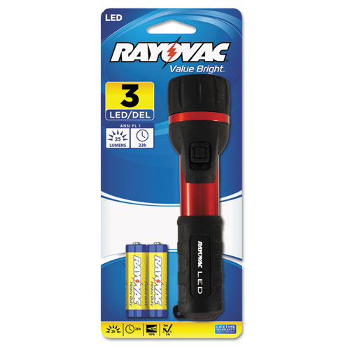 Rayovac® Flashlight, Rubber & Aluminum, 3 V, LED, Red/Black, 2 AA