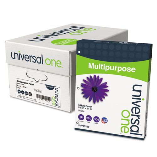 Universal® Deluxe Multipurpose Paper, 98 Bright, 3-Hole, 20 Lb Bond Weight, 8.5 X 11, White, 500 Sheets/Ream, 10 Reams/Carton