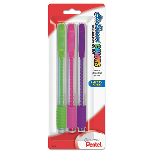 Clic Eraser COLORS Eraser, For Pencil Marks, White Eraser, Assorted Barrel Colors, 3/Pack