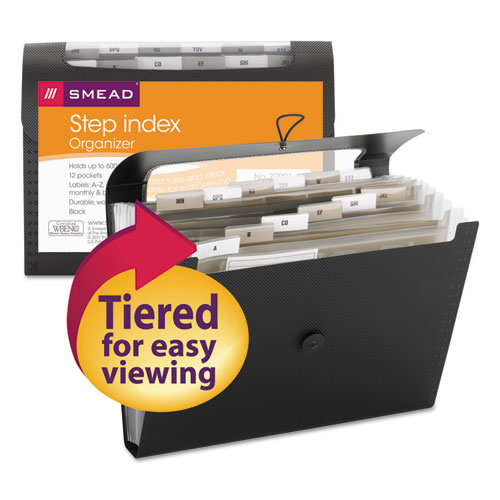 Image of Smead™ Step Index Organizer, 12 Sections, Cord/Hook Closure, 1/6-Cut Tabs, Letter Size, Black