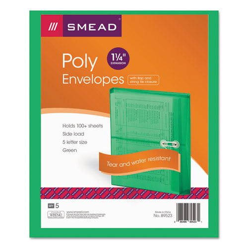 Poly String & Button Interoffice Envelopes, String & Button Closure, 9.75 x 11.63, Transparent Green, 5/Pack | by Plexsupply