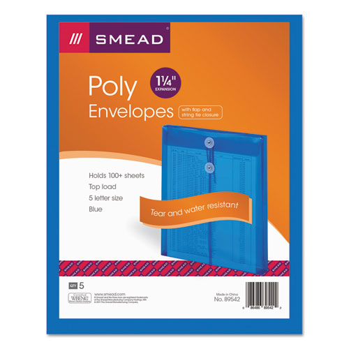 Poly String & Button Interoffice Envelopes, String & Button Closure, 9.75 x 11.63, Transparent Blue, 5/Pack | by Plexsupply