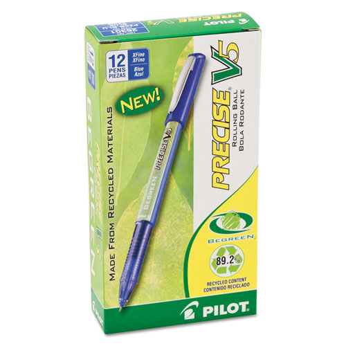 Precise V5 BeGreen Stick Roller Ball Pen, 0.5mm, Blue Ink/Barrel, Dozen