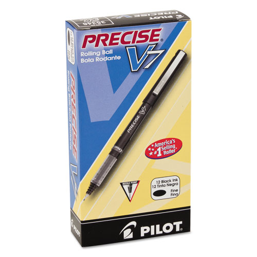Precise V7 Stick Roller Ball Pen, Fine 0.7mm, Black Ink/Barrel, Dozen