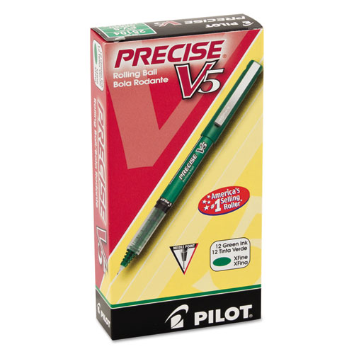 Precise V5 Stick Roller Ball Pen, Extra-Fine 0.5mm, Green Ink/Barrel, Dozen