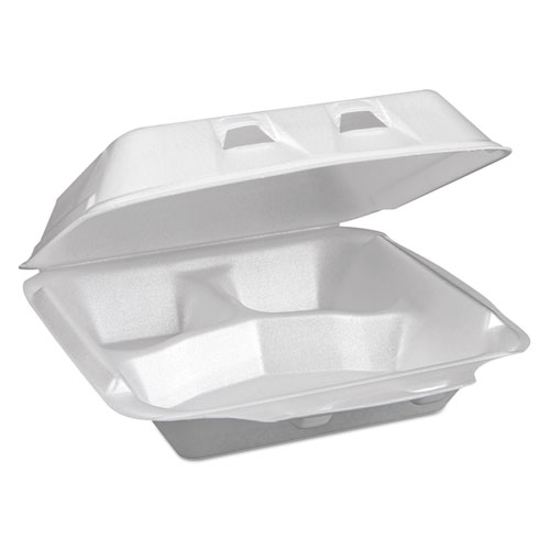 Pactiv Evergreen Foam Hinged Lid Container, Dual Tab Lock Happy Face, 8 x 7.75 x 2.25, White, 200/Carton