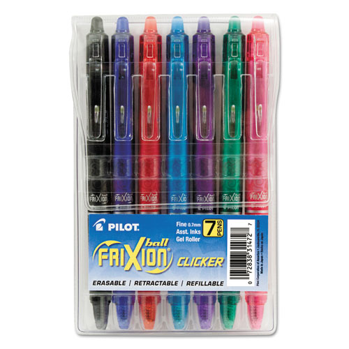 Pilot FriXion Clicker Erasable Retractable Gel Pen, 0.7mm, Assorted Ink/Barrel,  7/Pack - Comp-U-Charge Inc