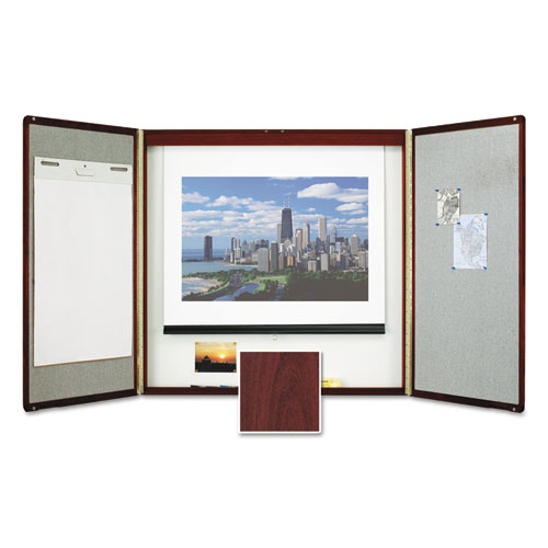 Quartet® Marker Board Cabinet with Projection Screen, 48 x 48 x 24, White/Mahogany Frame