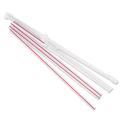 Image of Wrapped Jumbo Straws, 7.75", Plastic, Red w/White Stripe, 400/Pack, 25 Packs/Carton