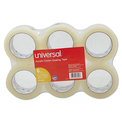 Universal® General-Purpose Acrylic Box Sealing Tape, 48mm x 100m, 3" Core, Clear, 12/Pack