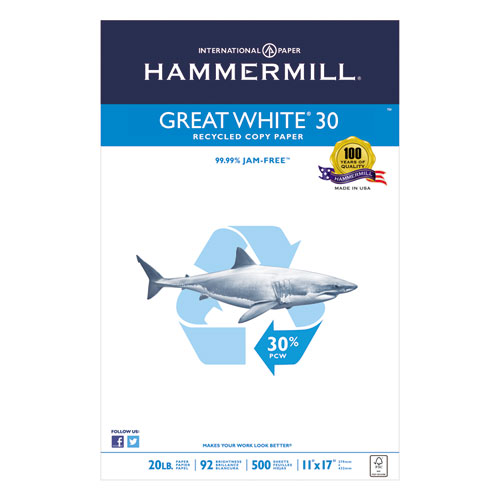 Hammermill Great White Recycled Copy Paper, 92 Brightness, 20lb, 11 x