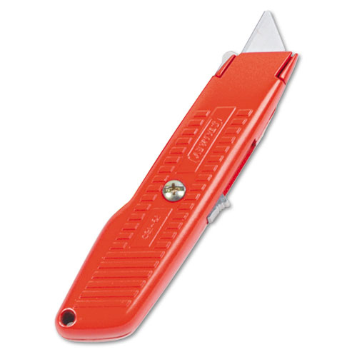 Image of Stanley® Interlock Safety Utility Knife With Self-Retracting Round Point Blade, 5.63" Metal Handle, Red Orange